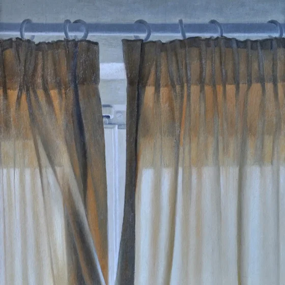 Tenda e finestra, olio su cartone, cm 15x15
